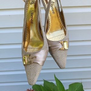 J Renee gold/satin textured linen heel. Size 10. Adjustable strap, 3" heel.